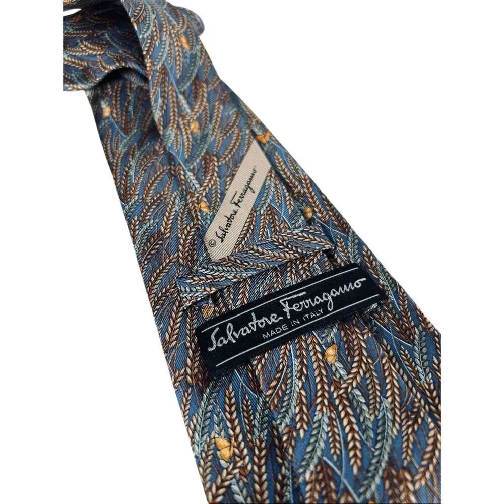 Salvatore Ferragamo Vintage Men's Tie Neck Blue Silk Italy Wheat Print Pattern w